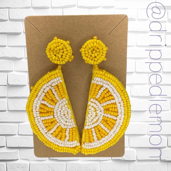 New Bohemian Handmade Bead Lemon Dangle Earrings for Women Beaded Summer Fun - Picture 3 of 4